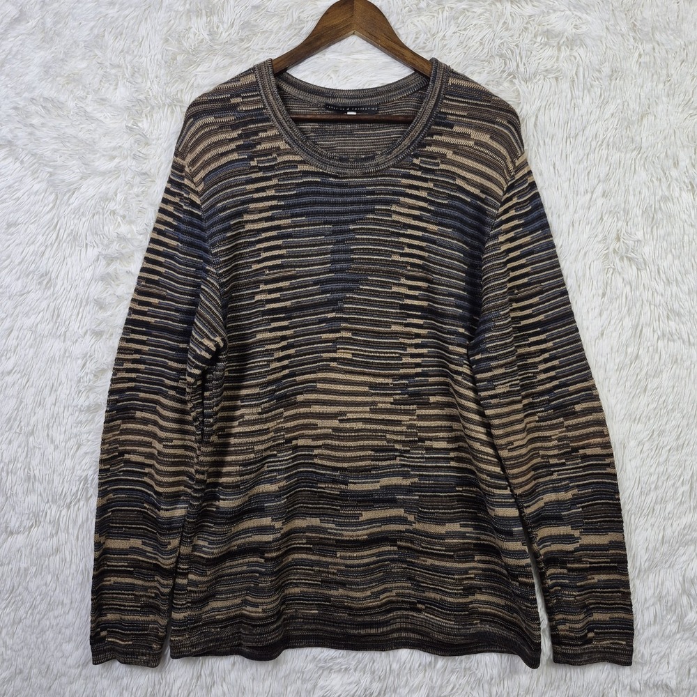 Peruvian Connection Geo Stripe Pima Cotton Brown Tan Crew Neck Sweater XL Lounge